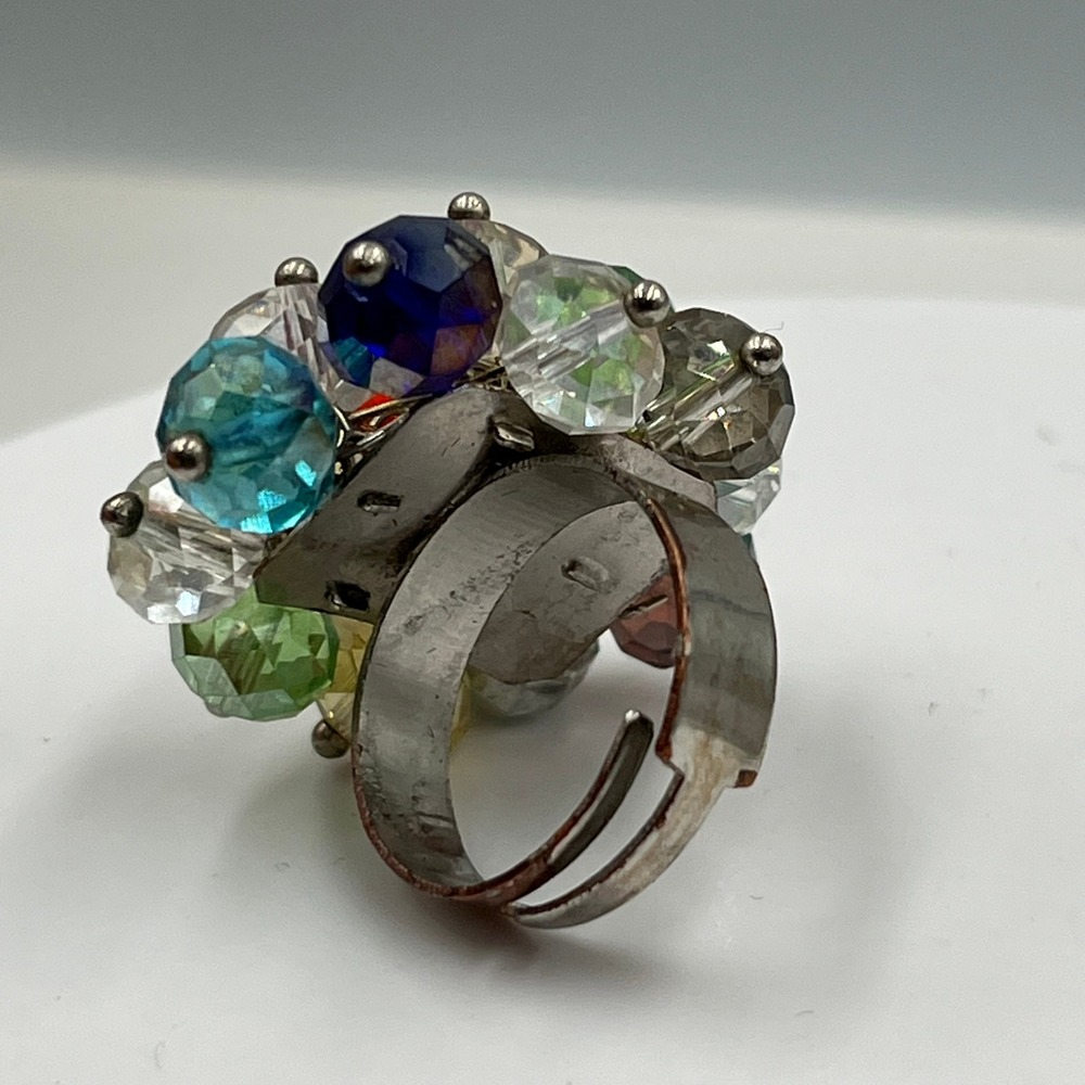 Vintage Multicolor Faceted Crystal Cluster Ring Silver Tone Statement Cocktail - Picture 4 of 6